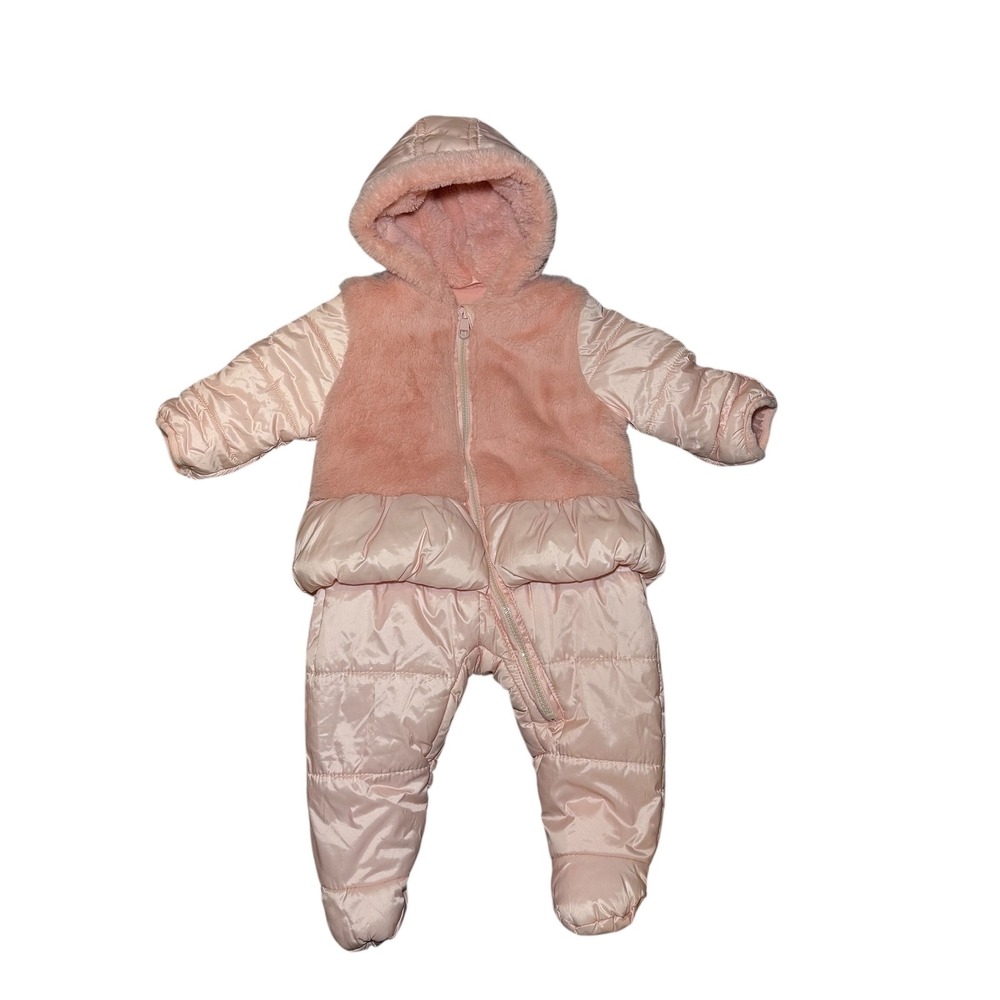 Jessica Simpson Pink Puffer Faux Fur Hooded Snowsuit Pram‎ Suit Baby 3 6M